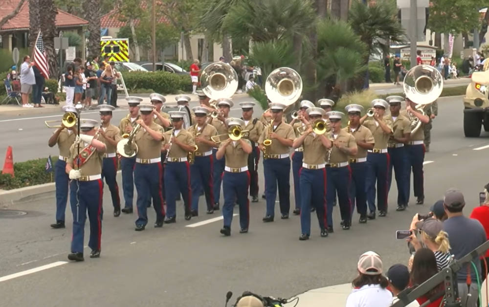 The Camp Pendleton 1st Battalion Marine Corps. band marches in the Mission Viejo America 250 Parade.